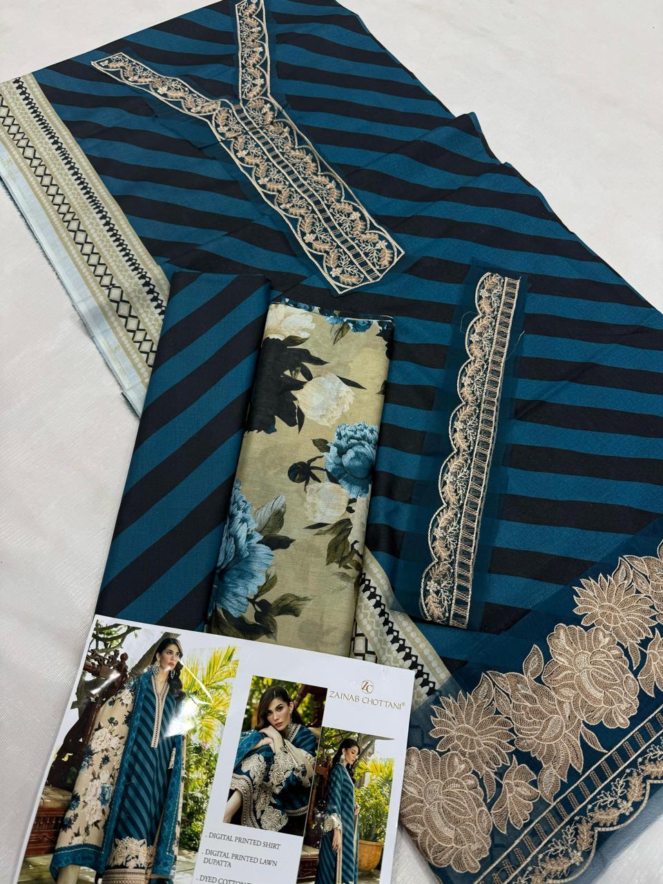 Zainab Chottani – 3PC Lawn Suit with Embroidered Patches – Design 01