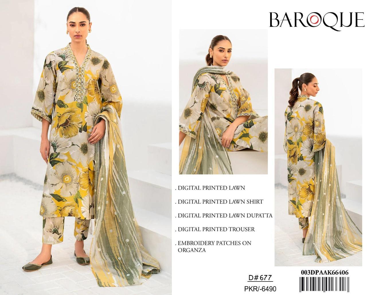 Baroque – 3PC Lawn Suit with Embroidered Patches – Design 03