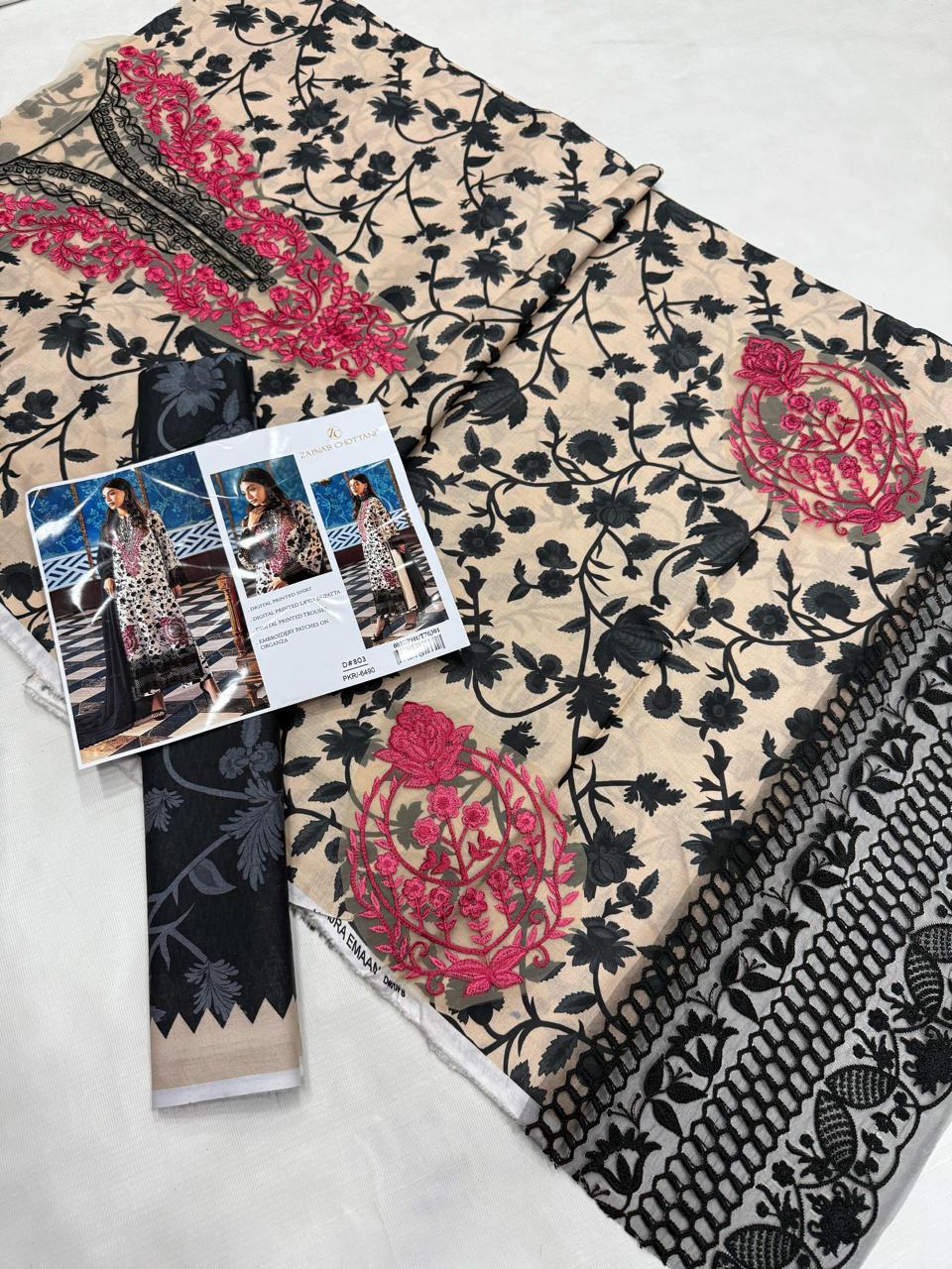 Zainab Chottani – 3PC Lawn Suit with Embroidered Patches – Design 02