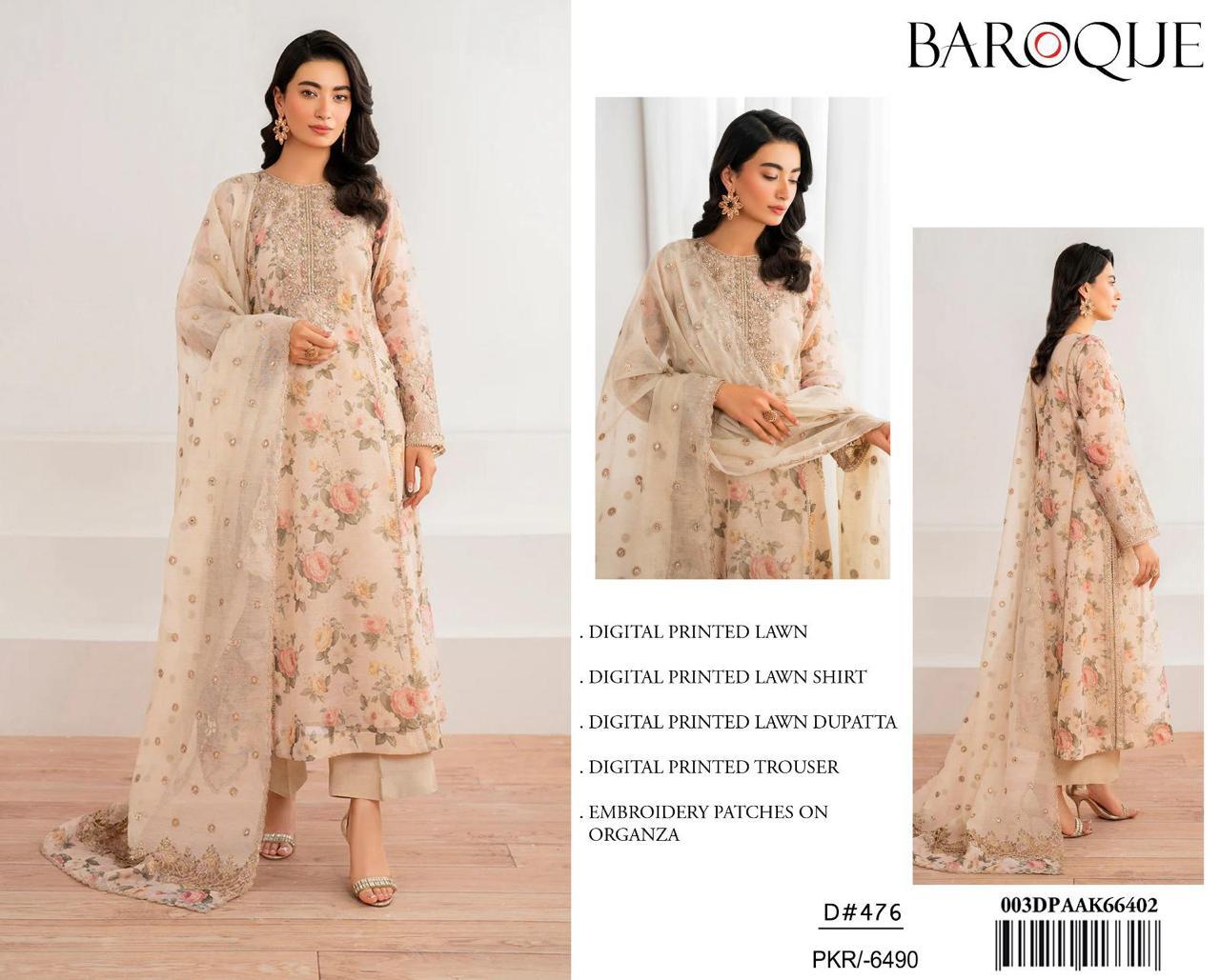 Baroque – 3PC Lawn Suit with Embroidered Patches – Design 02