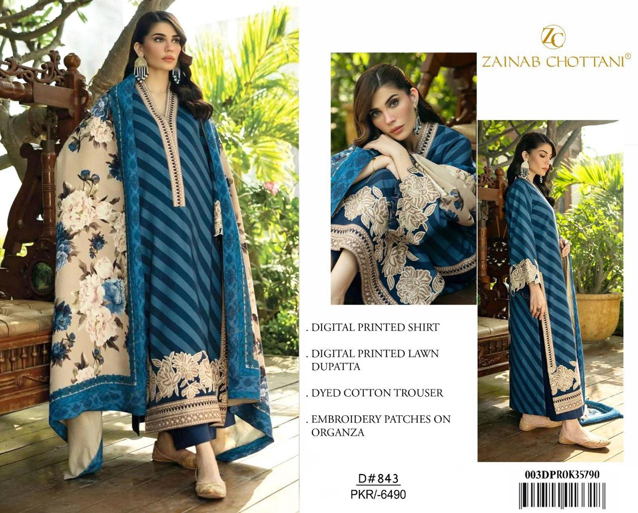 Zainab Chottani – 3PC Lawn Suit with Embroidered Patches – Design 01