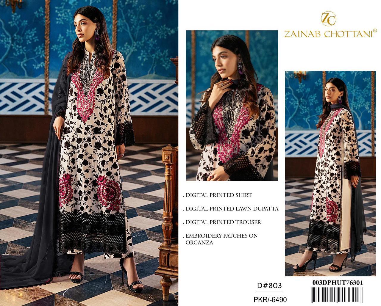 Zainab Chottani – 3PC Lawn Suit with Embroidered Patches – Design 02