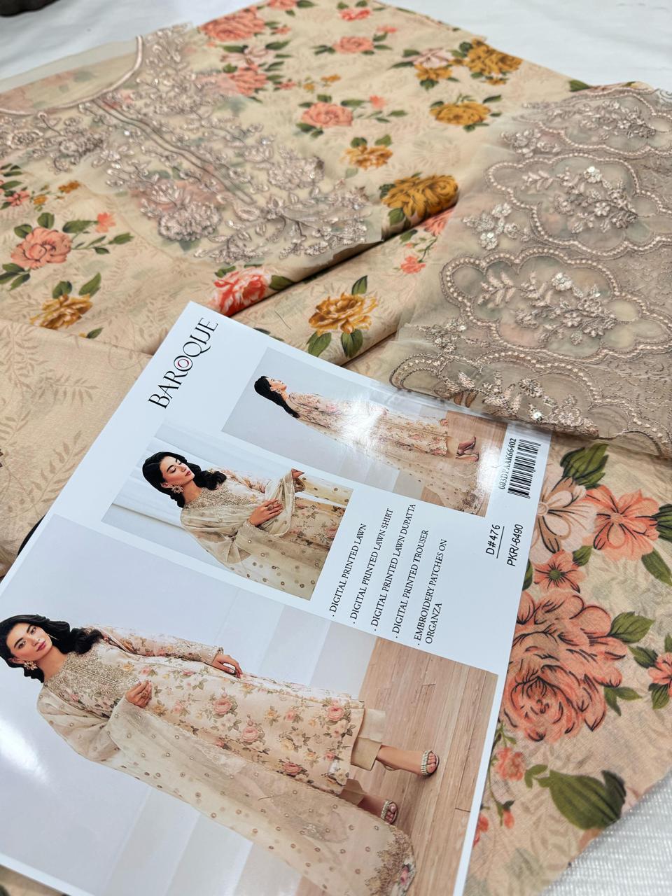 Baroque – 3PC Lawn Suit with Embroidered Patches – Design 02
